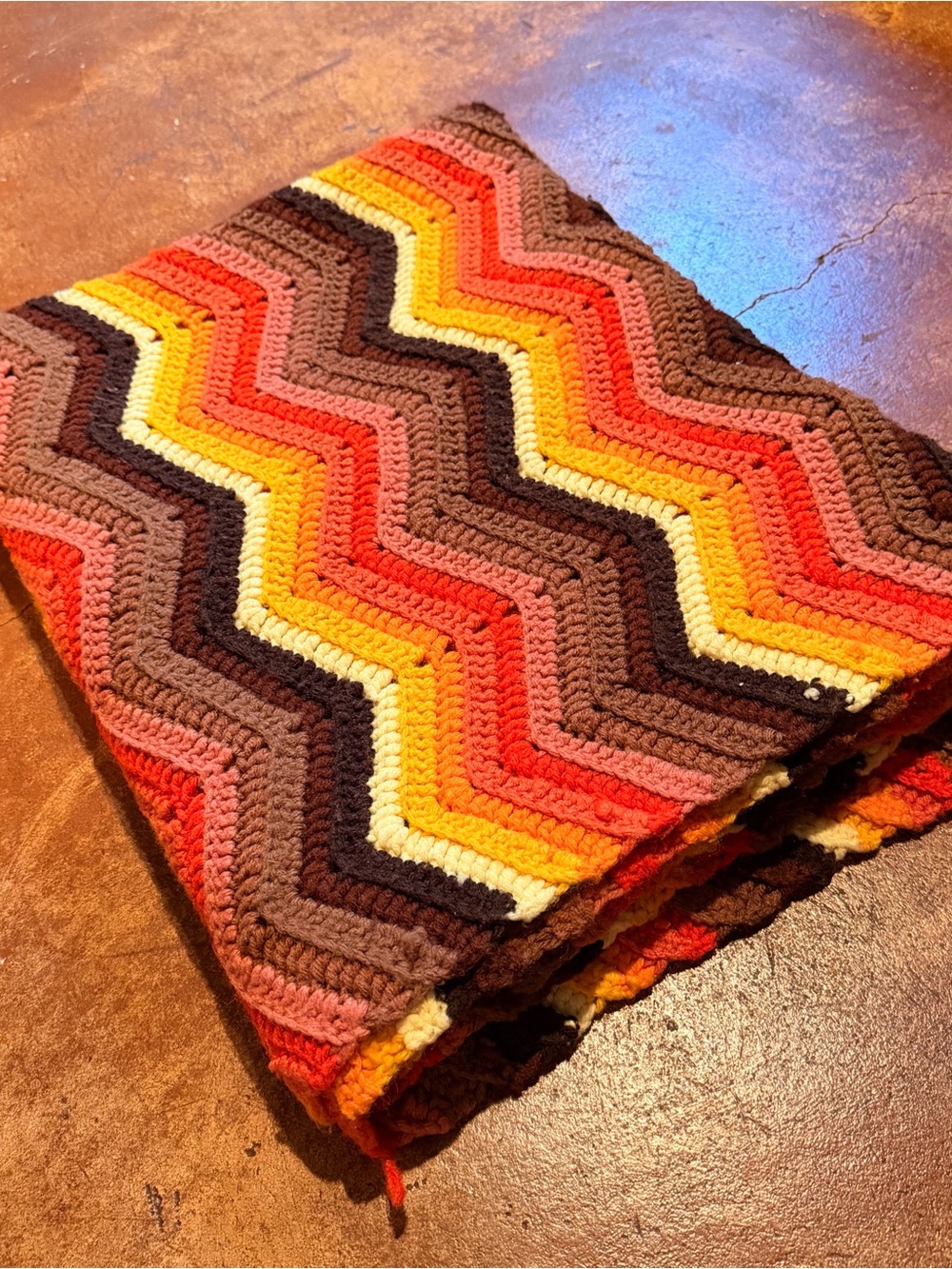Handmade Chevron Crochet Throw Blanket - vintage 70s